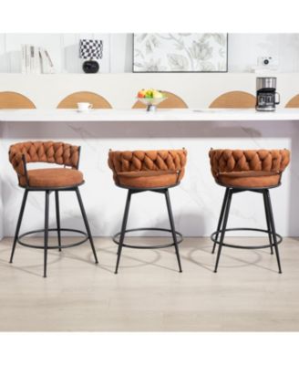 Swivel Bar Stools Set of 3, 24 Inches Modern Counter Height Bar Stools with Woven Back, Upholstered Suede Tall Barstools