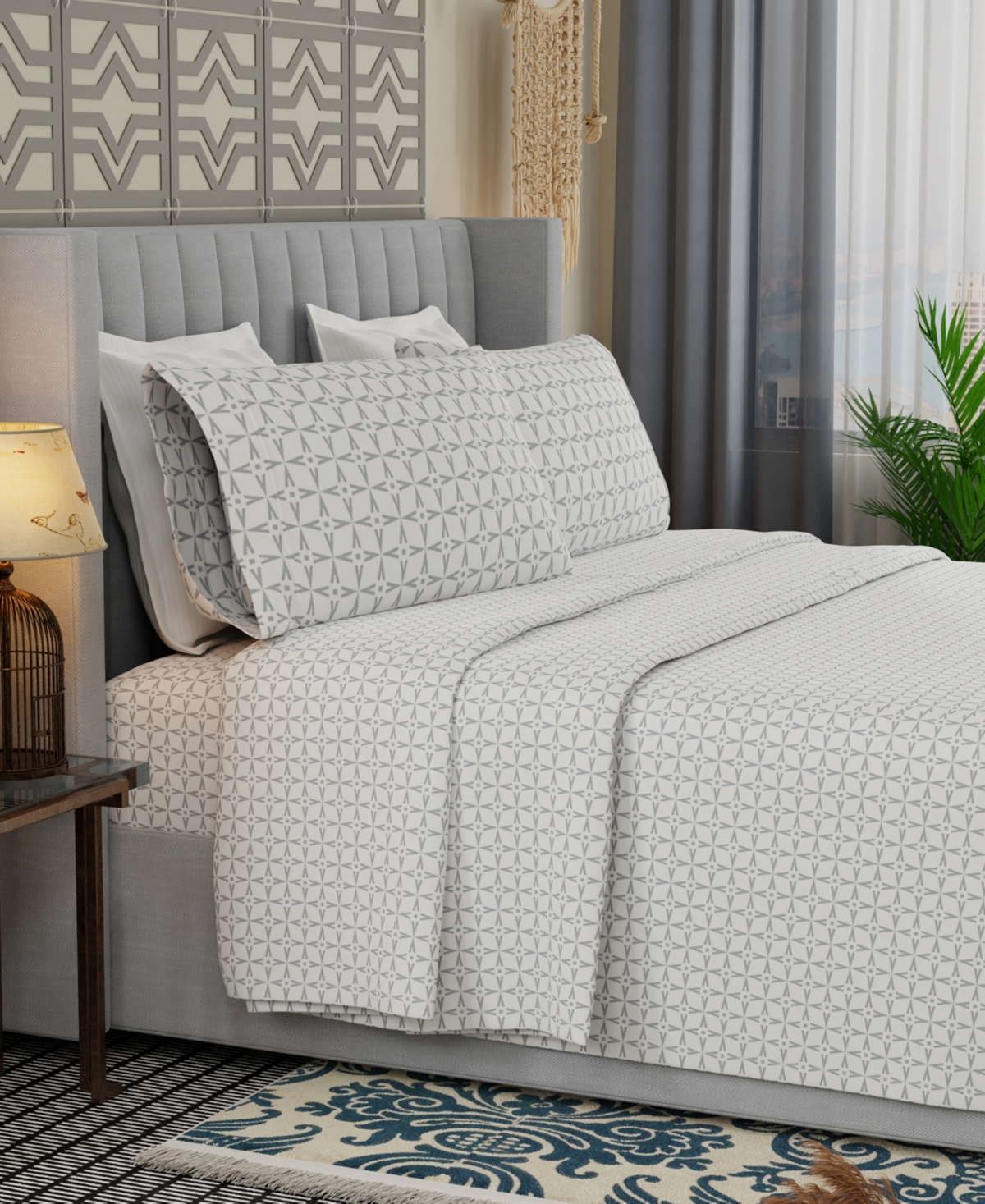 Color Sense Brushed Cool Crisp Printed Cotton 4-pc. Sheet Set, Queen In Gray