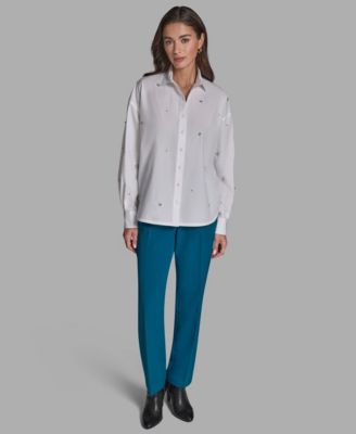 Women's Rhinestone Button-Down Collared Top