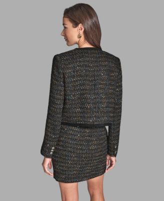 Women's Button-Front Collarless Tweed Jacket