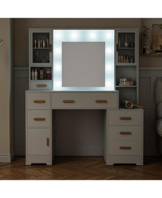 Makeup Vanity Desk with Mirror, Lights, Charging Station, 7 Drawers and 3 Cabinets