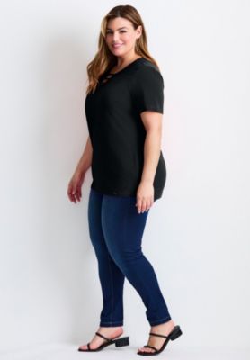 Women's Plus Size Triple Keyhole Short Sleeve Tee