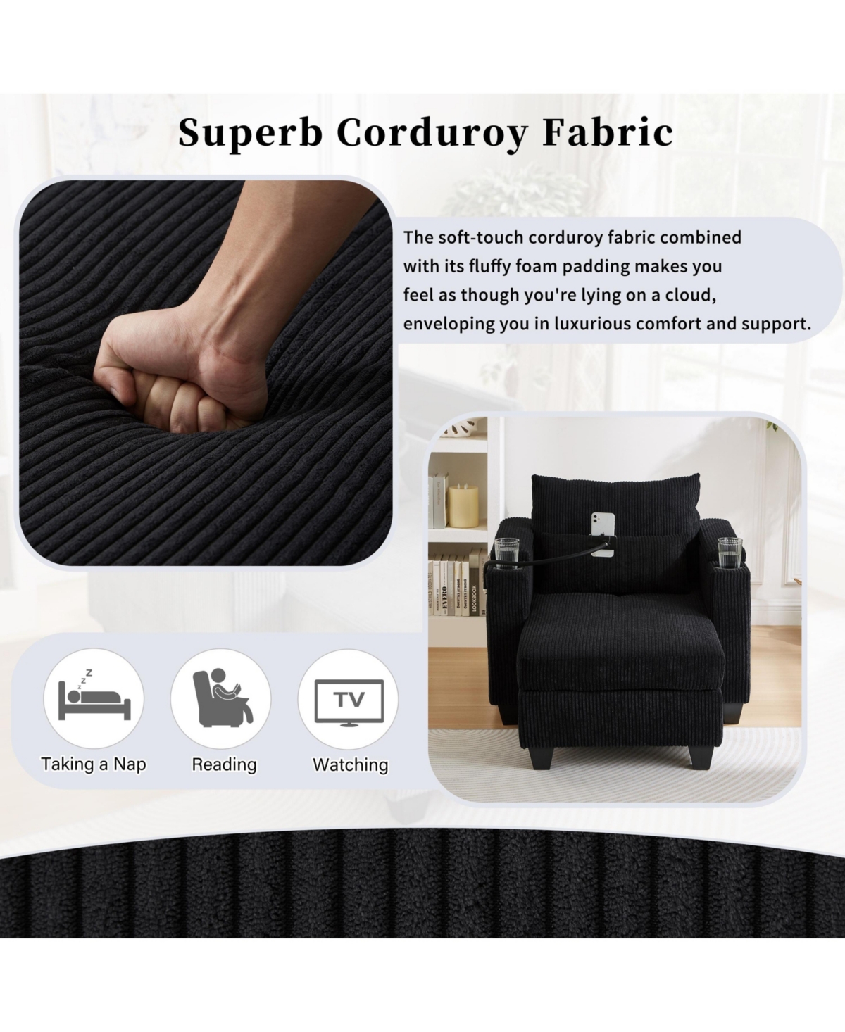 Convertible Chaise Lounge 37.4 Inches Sofa Chair Bed Corduroy Sleeper with Usb Ports , Two Cup Holders, Phone Holder and Ample Storage Space