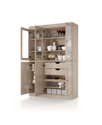 100% Solid Wood Pantry China Cabinet, Clear Glass Doors, Adjustable Shelves, 48.5" Wide, 71.5" Tall