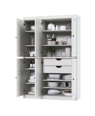 100% Solid Wood Tall Kitchen Pantry Cabinet with Raised Panel Doors, 2 Drawers