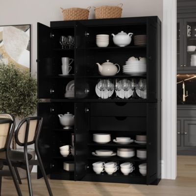 100% Solid Wood Tall Kitchen Pantry Cabinet with Raised Panel Doors, 2 Drawers