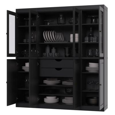 100% Solid Wood Tall Kitchen Pantry Cabinet with Glass and Raised Panel Doors, 2 Drawers