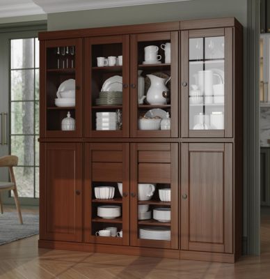 100% Solid Wood Tall Kitchen Pantry Cabinet with Glass and Raised Panel Doors, 2 Drawers