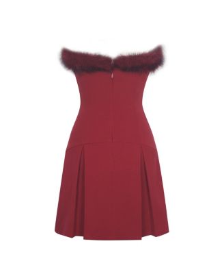 Women's Nalia Crimson Fur Trimmed Sweetheart Mini Dress