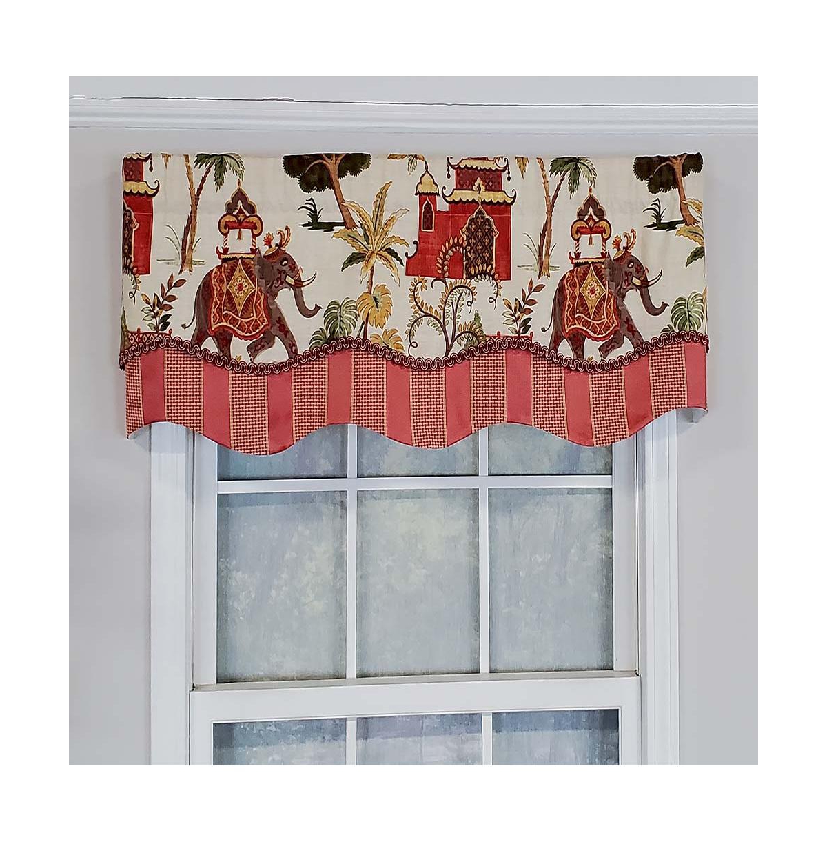 Rlf Home Madhubala Glory Pattern "B" Elephant on Sides Window Treatment Valance 3" Rod Pocket 50" x 16" Spice Red