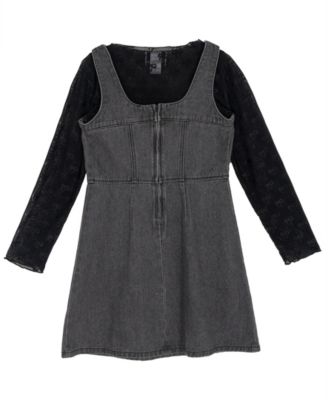 Girls' 7-16 Mesh Long-Sleeve Top and Denim Jumper, 2-Piece Set