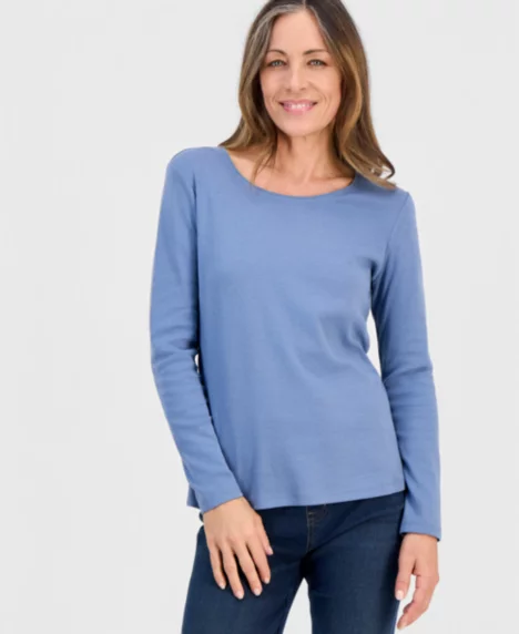Petite Scoop-Neck Long-Sleeve Cotton Top - Militia Blue
