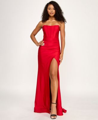 Junior's Sequin Twist Front Bandeau Slim Long Gown