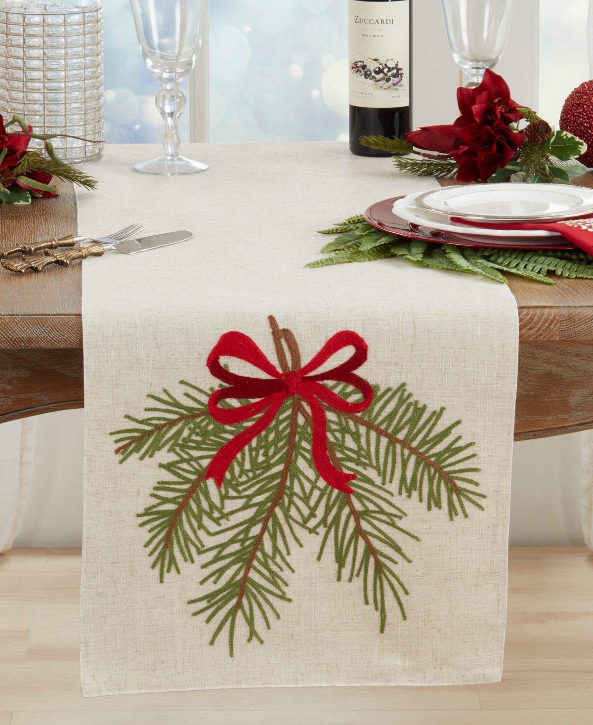 Saro Lifestyle Linen Blend Pine Needle And Bow Table Runner, 16" X 70" In Brown