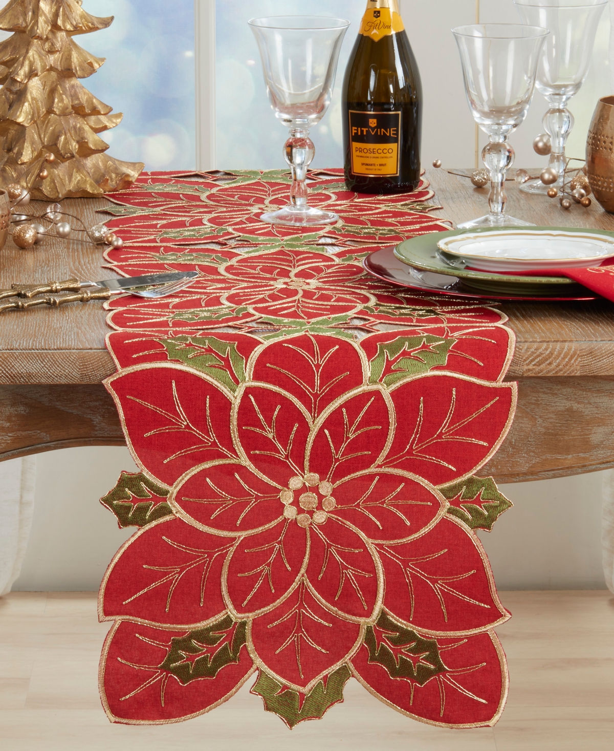 Saro Lifestyle Poinsettia Table Runner, 16" X 70" In Red