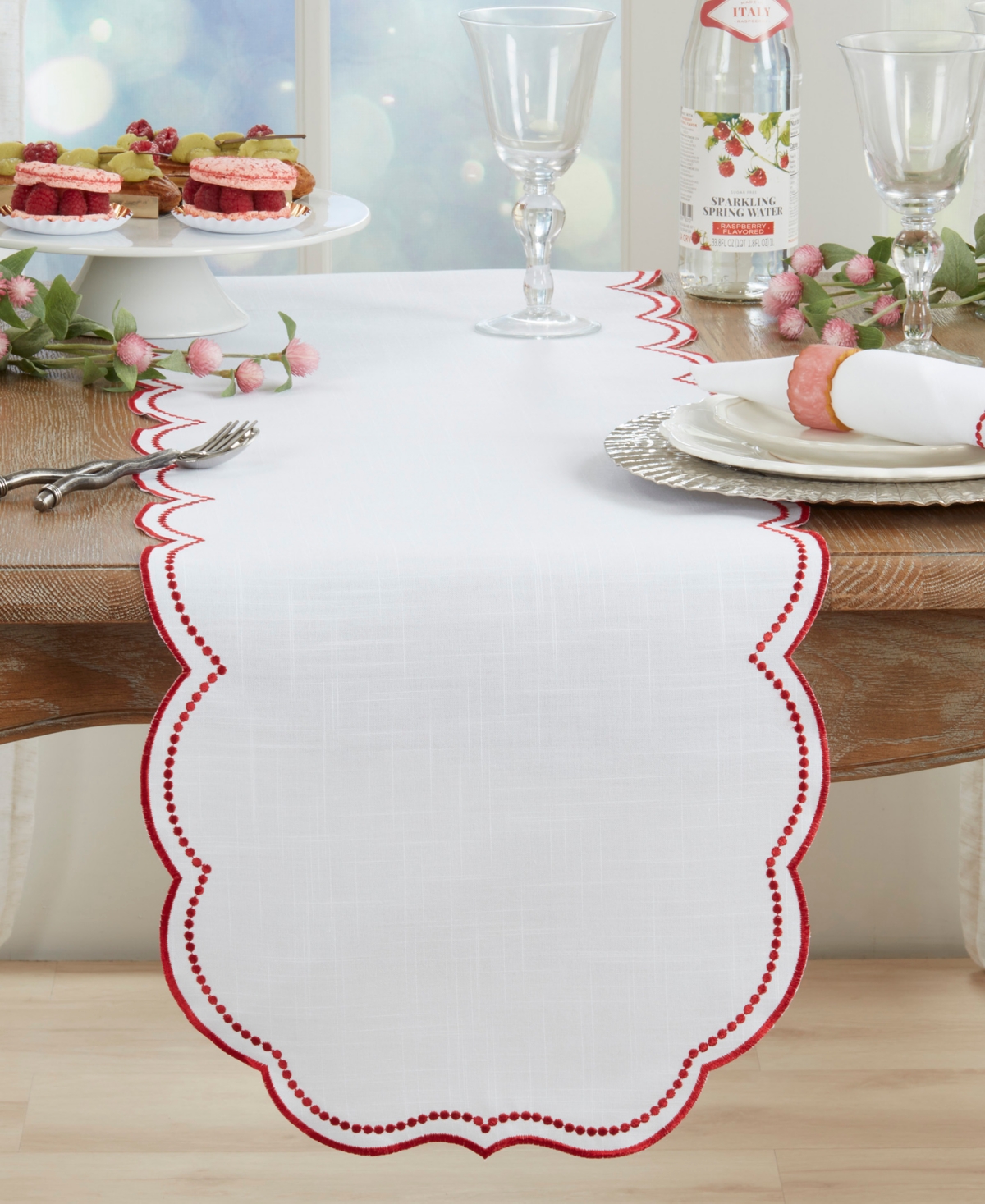 Saro Lifestyle Embroidered Polka Dot Table Runner With Scallop Edge, 16" X 70" In Red