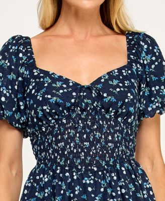 Juniors' Puff Sleeve Smocked Waist Dress