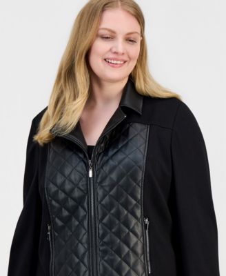 Plus Size Faux-Leather Mixed-Media Quilted-Front Moto Jacket