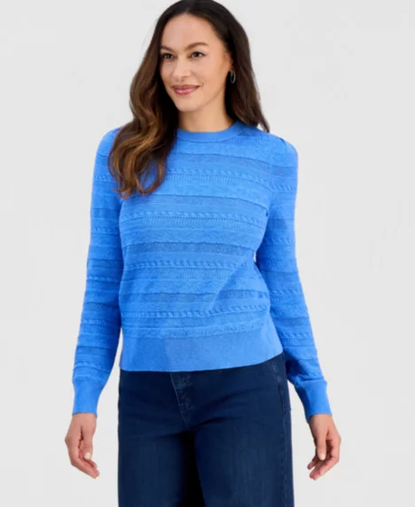 Petite Crewneck Pointelle Long-Sleeve Sweater - Daffodil Blue