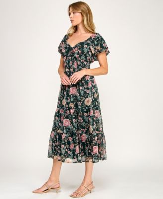 Juniors' Puff Sleeve Twist Front Midi Dress