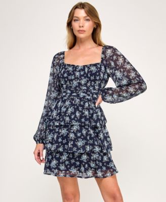 Juniors' Long-Sleeve Pleated Waist Dress