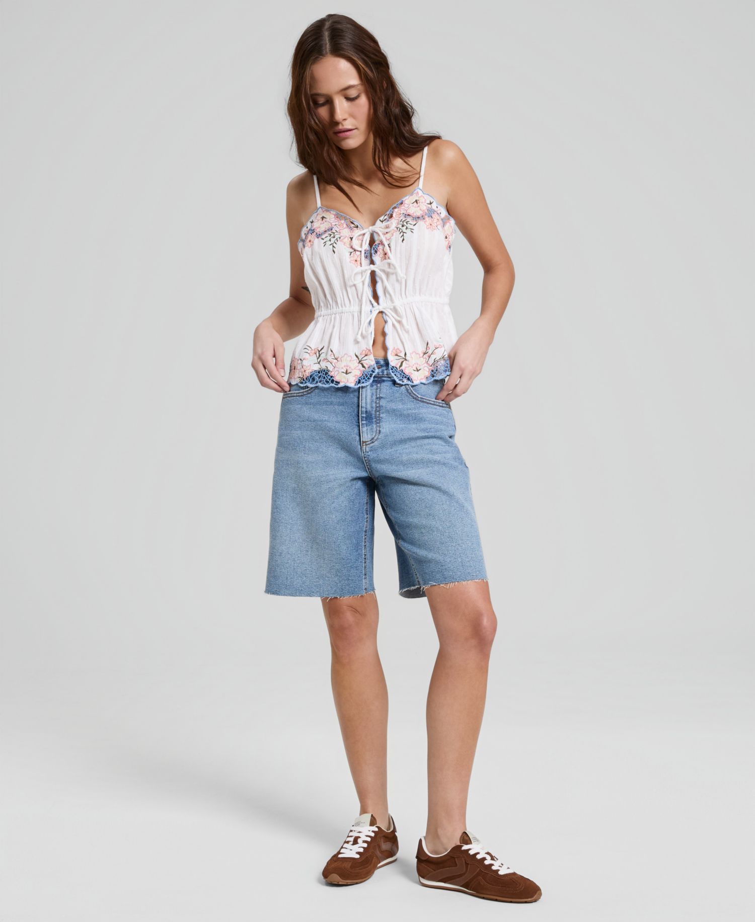 Women's Cotton Embroidered Tie-Front Peplum Tank Top