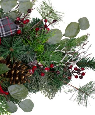 36" Dual Plaid Bows and Red Berries Artificial Christmas Swag Unlit