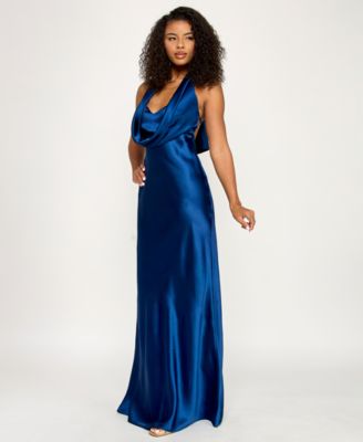 Juniors' Satin Cowl-Neck Halter Gown