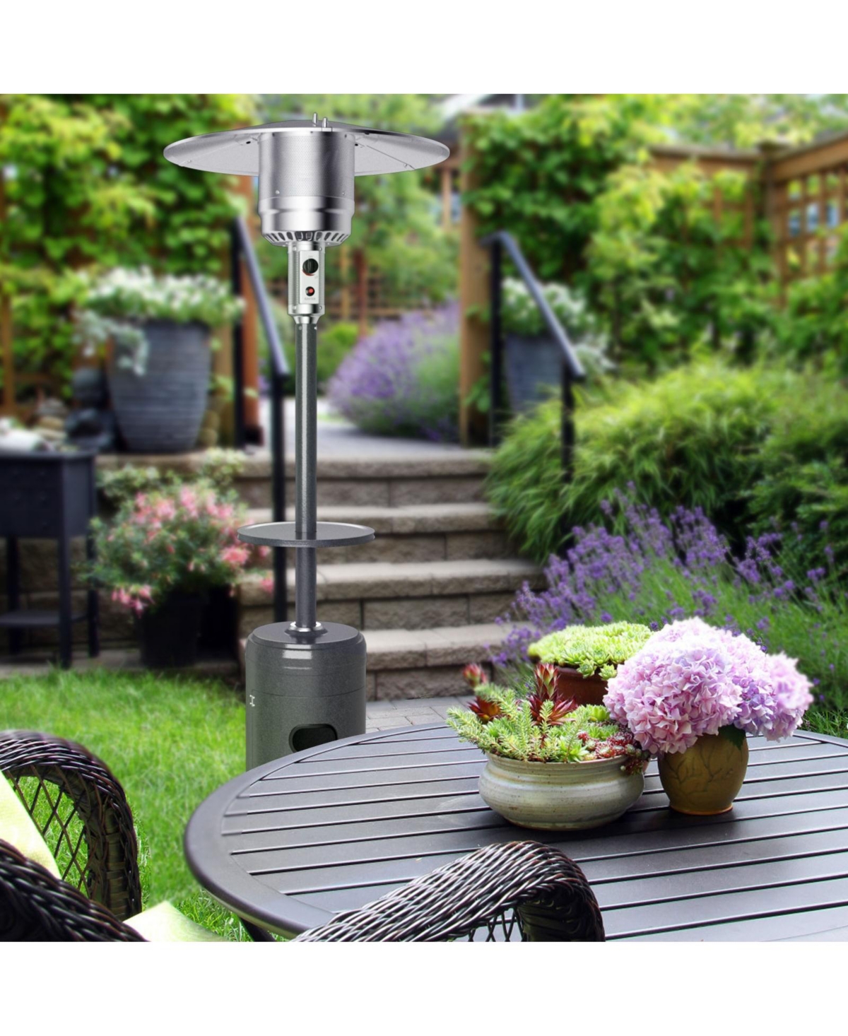 Mecale Outdoor Heater Propane Standing Lp Gas Steel with Table and Wheels