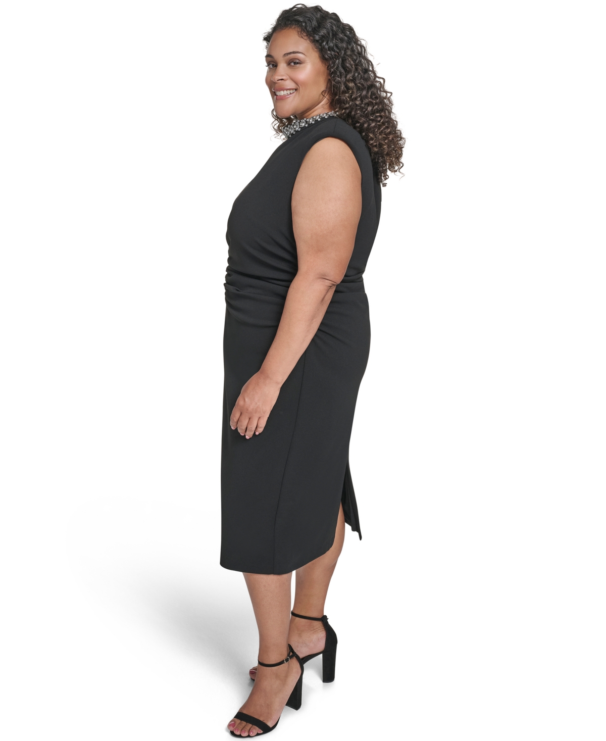 Eliza J Plus Size Side Ruched Jewel Neck Dress In Black