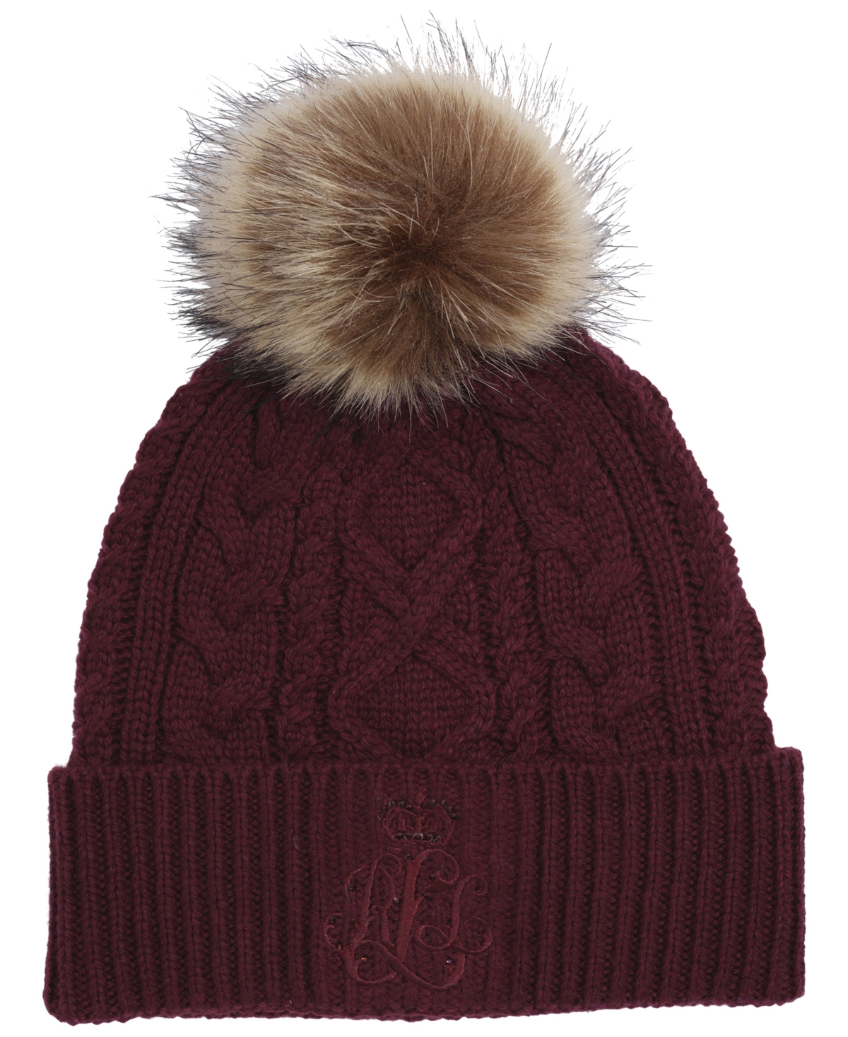 Ralph Lauren Cable Hat With Direct Embroidery And Stones In Burgundy