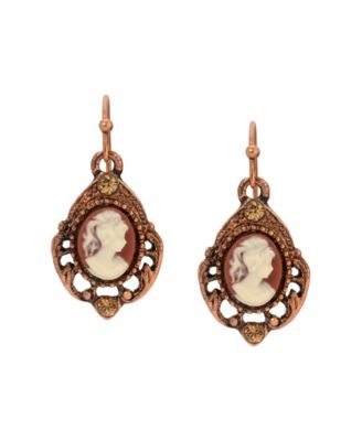 Copper Tone Oval Cameo Crystal Earrings