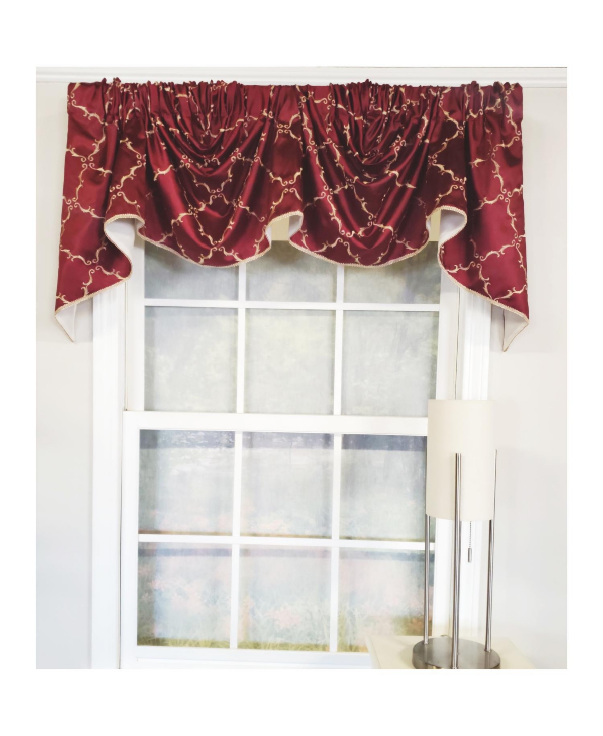 Rlf Home 3" Rod Pocket High Quality Fabric Summit Diamond 2-Scoop Empire Valance With Trim for Windows 40" x 25" Wine