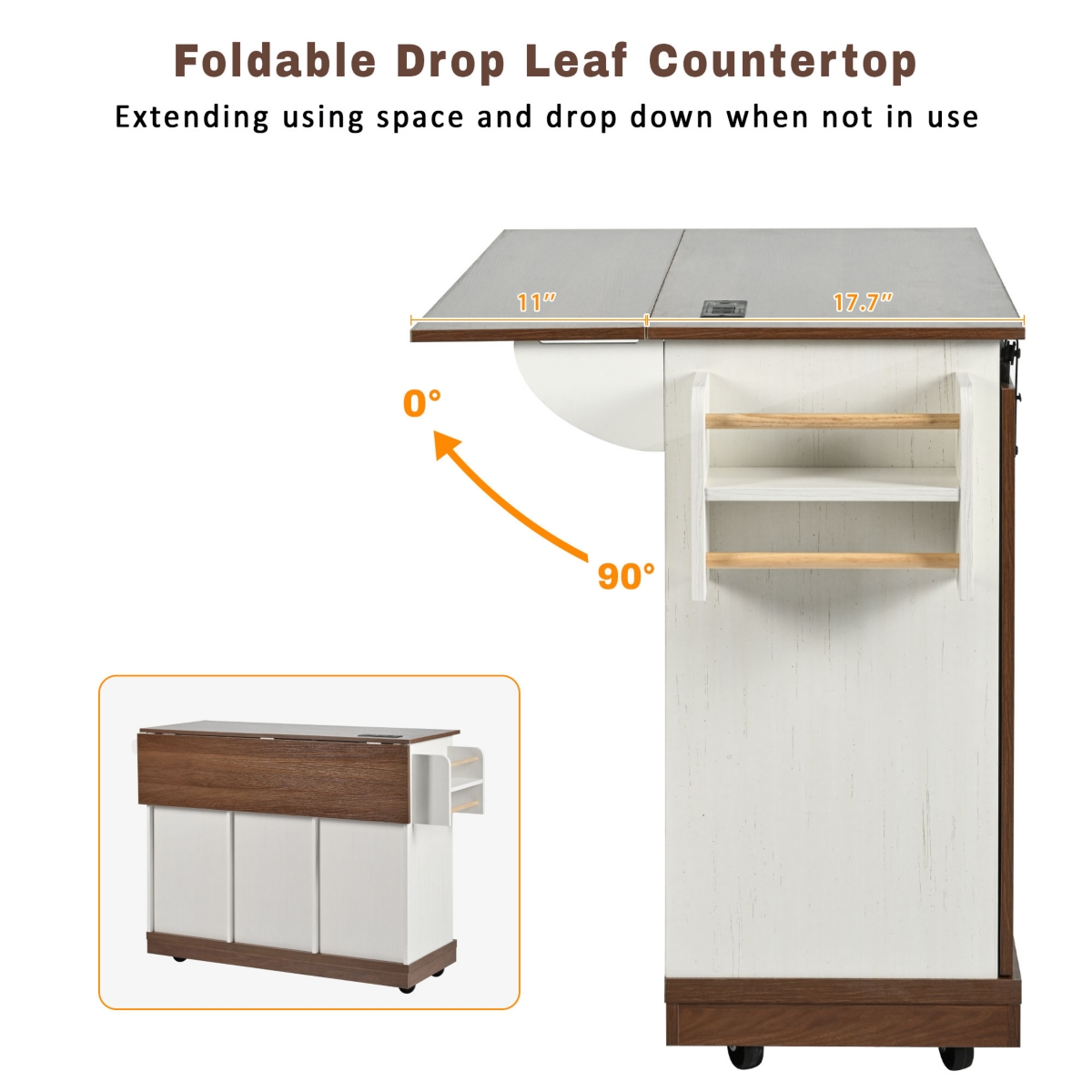 Casainc 55.5" Kitchen Storage Island With Drop Leaf, Barn Door, Power Outlet, Spice Rack (No Stools)
