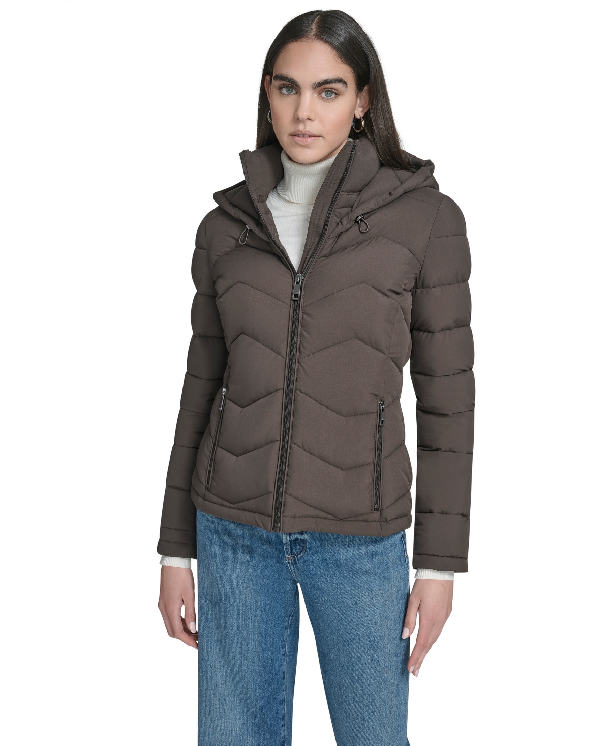 Calvin Klein Women's Short Zip-up Hooded Puffer Jacket In Brown