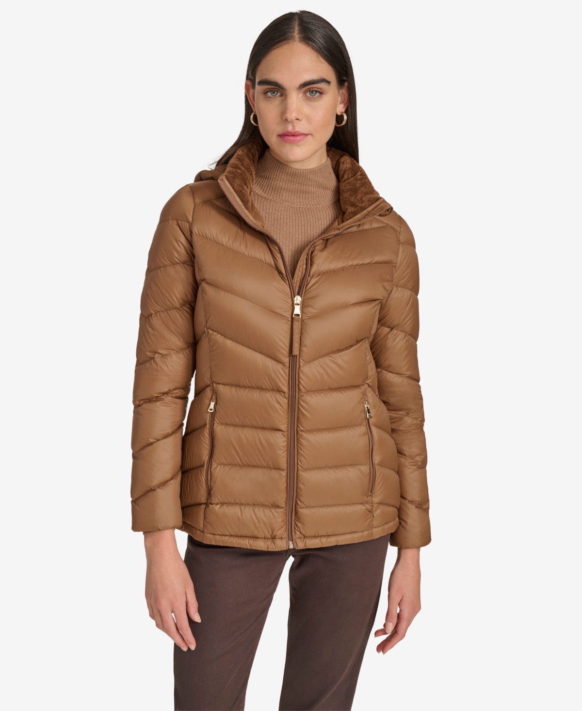 Calvin Klein Women's Short Faux Fur Collar Puffer Jacket In Brown