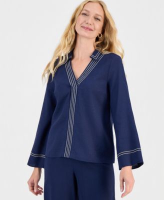 JM Collection - Women's Trapunto Stitch Collared Long-Sleeve Top