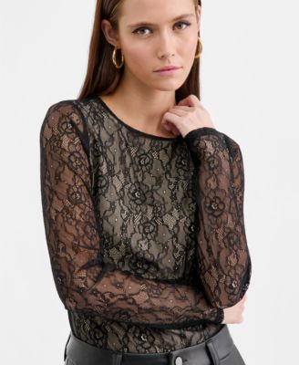 Women's Long-Sleeve Lace Thong Bodysuit, Macy's Exclusive