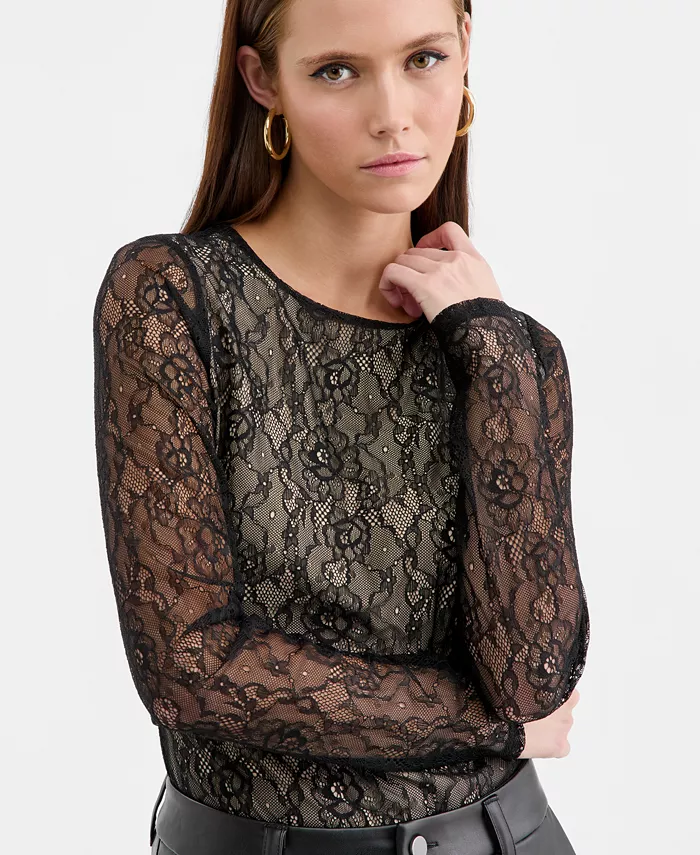 Women's Long-Sleeve Lace Thong Bodysuit - thumbnail 3