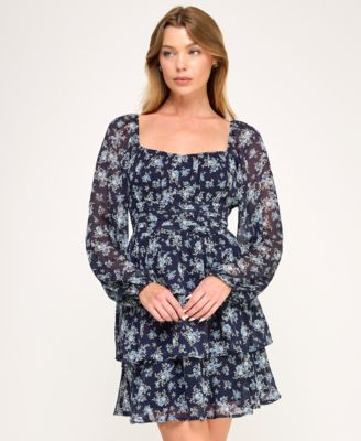 Juniors' Long-Sleeve Pleated Waist Dress