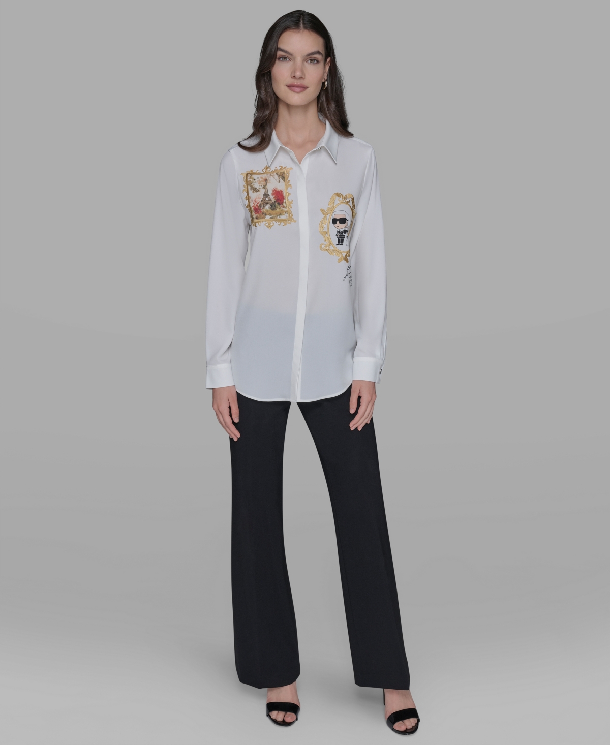 Karl Lagerfeld Women's Portrait Button Down Top In White
