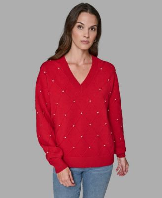 KARL LAGERFELD PARIS - V-Neck Diamond Pattern Sweater