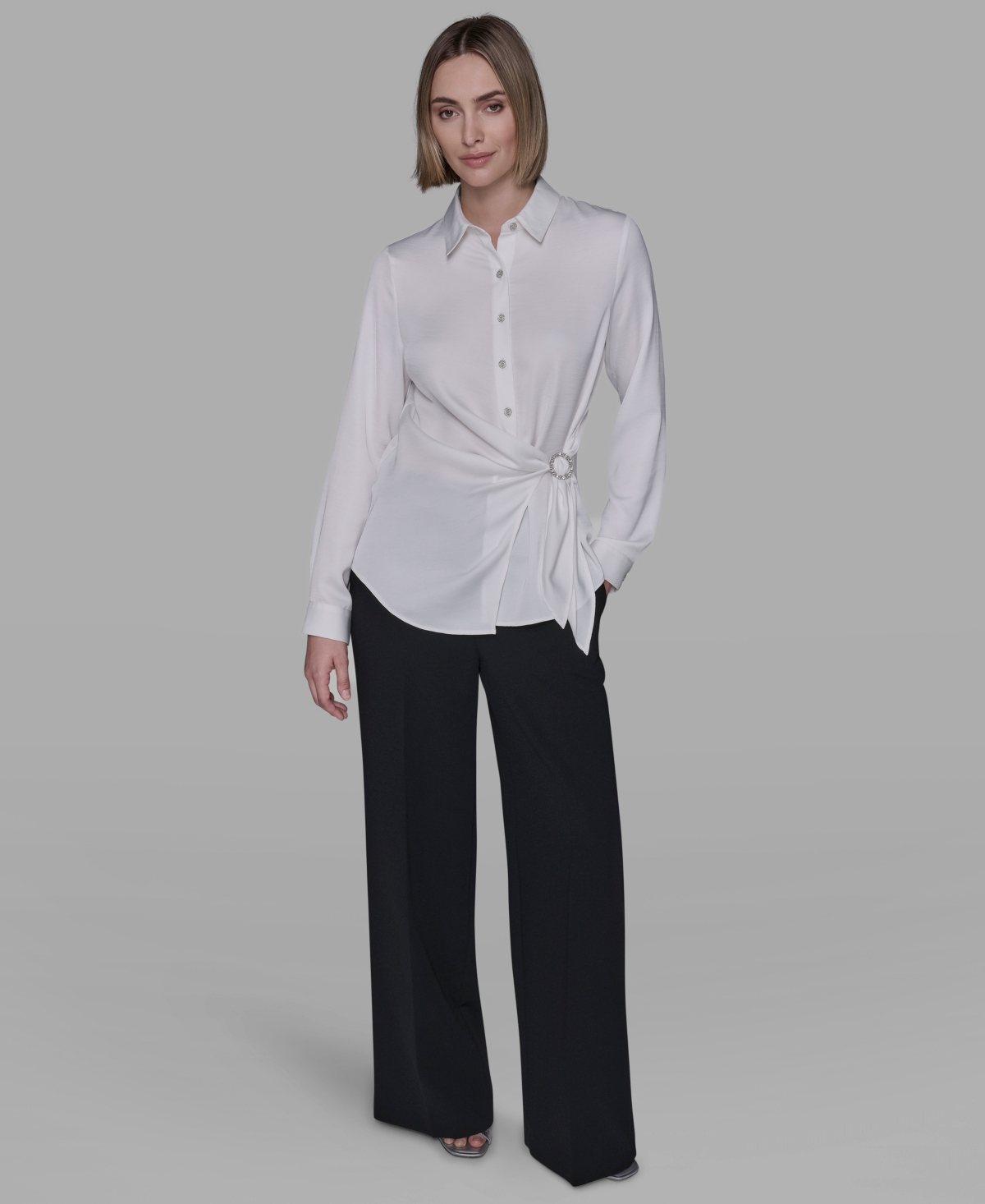 Karl Lagerfeld Paris Women's Long Sleeve Surplice Ring Detail Top