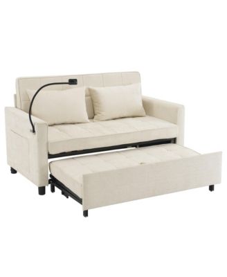 56.9" Loveseat Sofa Bed, Pull-Out Sleeper, Linen, Reversible Backrest, Side Pockets, USB Ports, Phone Holder