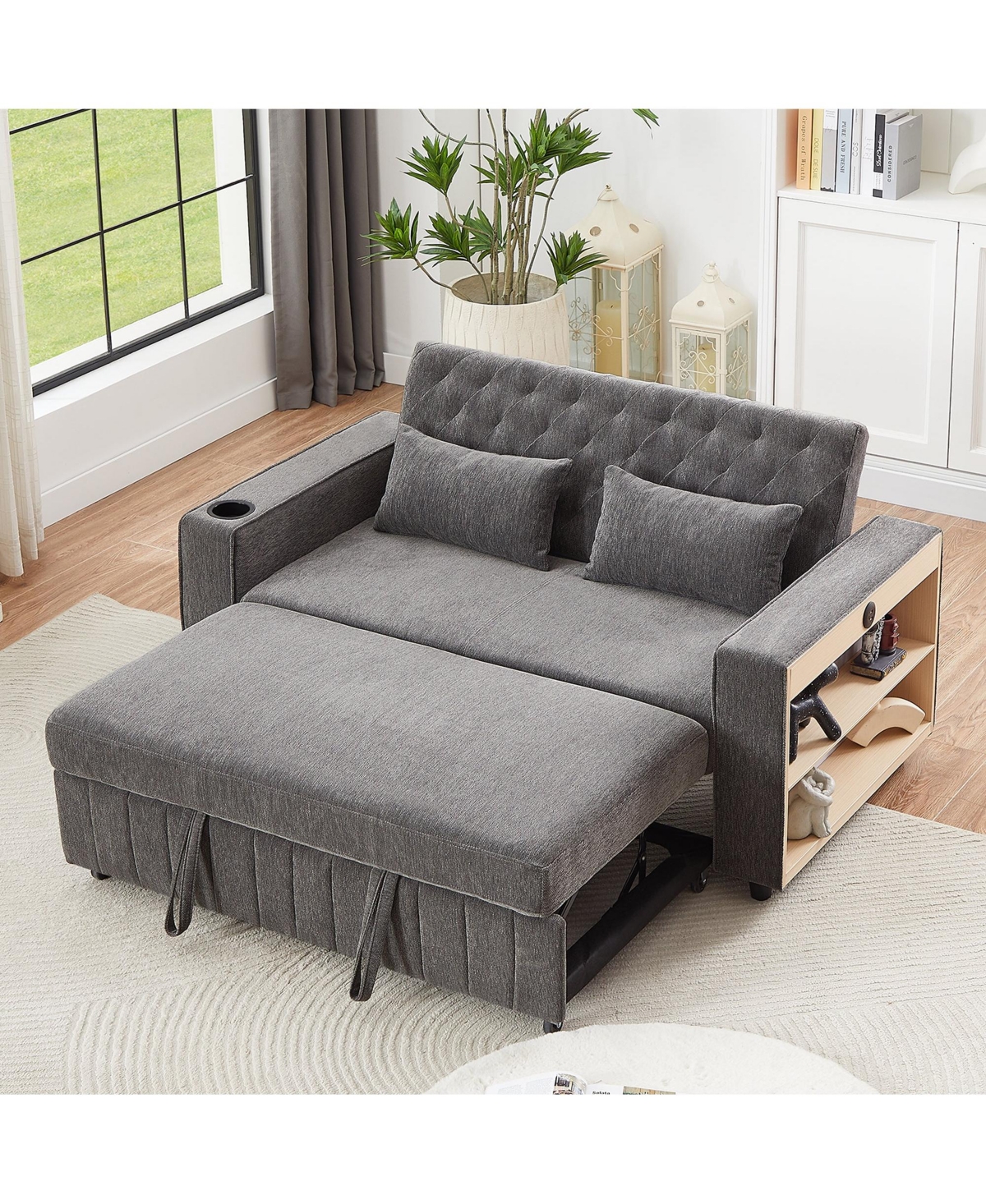 Boyel Living 61.4" Linen Pull-Out Sofa Bed, Convertible Sleeper with Adjustable Backrest, Modern Design Loveseat for Room