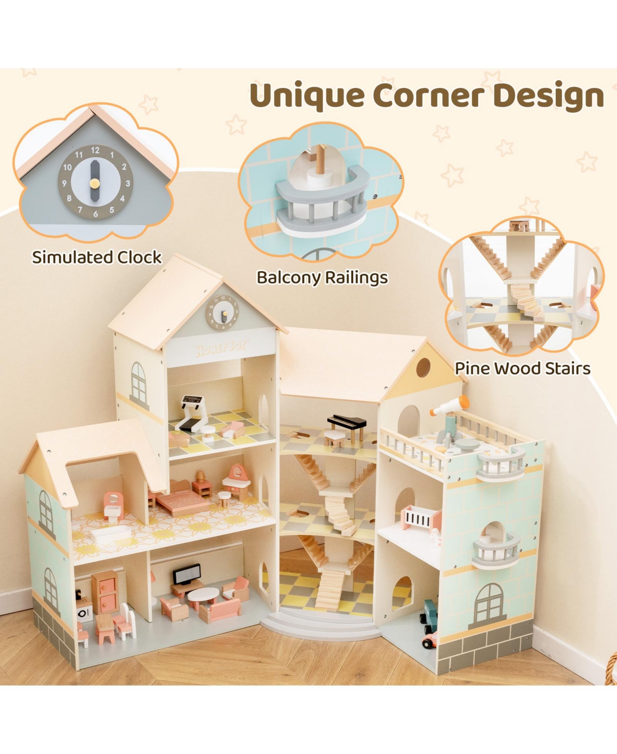 Mecale Wooden Corner Dollhouse Playset with 41 Pieces of Accessories for Kids Ages 3 and Up