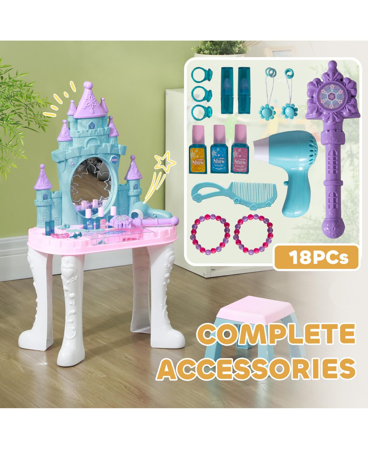 Детские игрушки Qaba Kids Vanity Set with Mirror and Stool, Light, Music, Castle Design, цвет: Разноцветный — фото 8