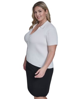 Plus Size Collared Short-Sleeve Sweater