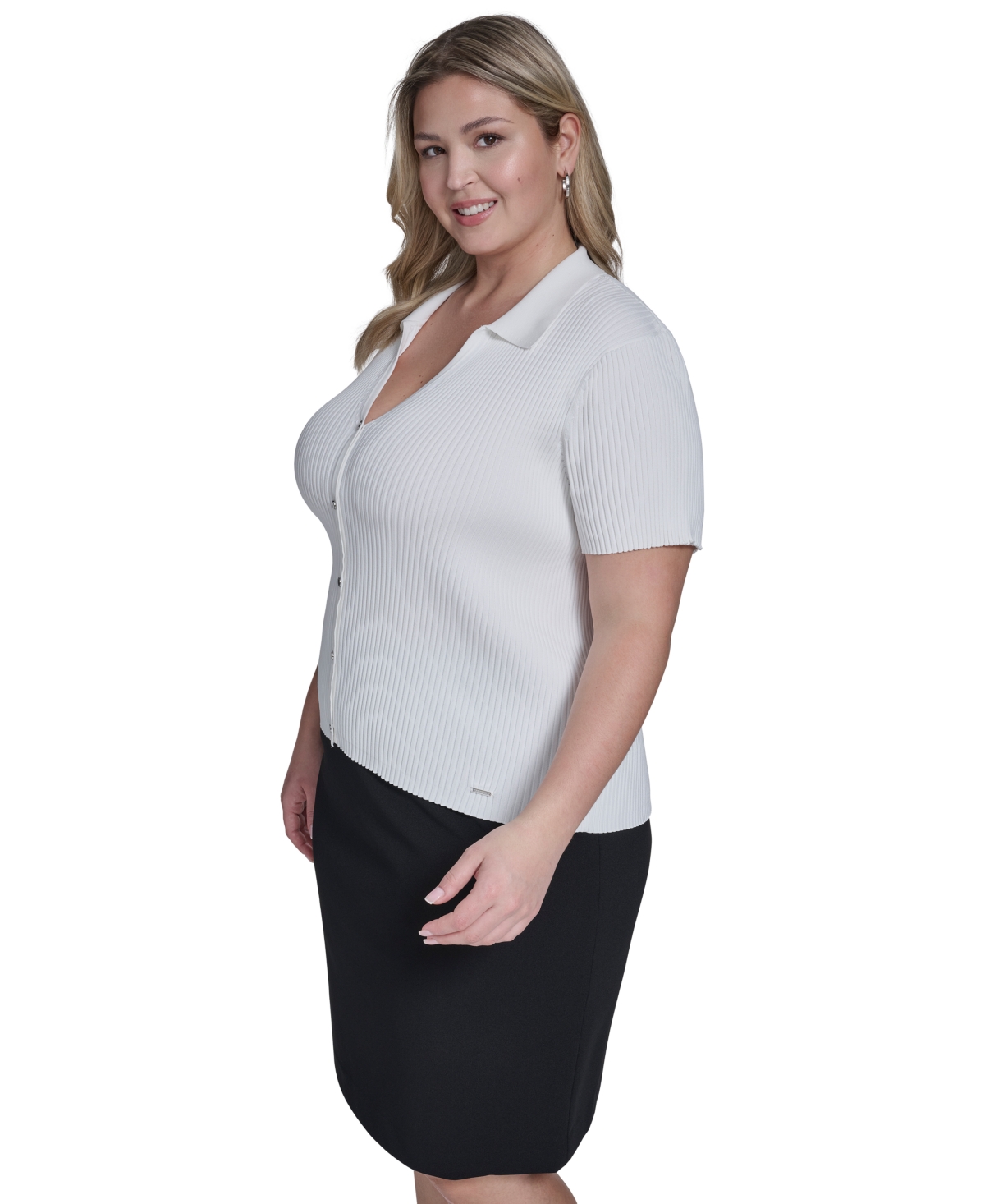 Calvin Klein Plus Size Collared Short-sleeve Sweater In White