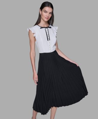 Women's Silky Crepe Midi Dress with Pleated Skirt